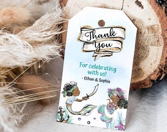EDITABLE Mermaid and Pirate Thank you Tags, Custom Brother and Sister birthday favor tags, Siblings birthday, Kids party printables - 20A1