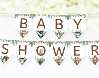 Woodland Baby Shower Banner, Bosdieren baby shower decoraties, Baby boy shower decor, Afdrukbare banner, Instant Download - 47J2