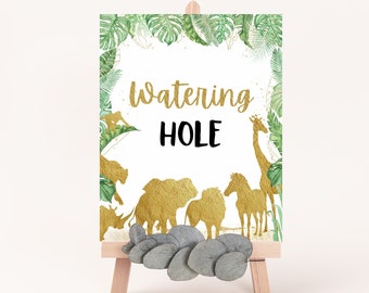 Watering Hole Jungle table sign, Safari sign, Gold safari animals birthday decoration, Safari birthday, Jungle baby shower, Zoo party - 35K