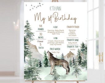 Wolf Milestone Poster, Woodland milestone board, Baby 1st birthday decorations, Woodland first birthday sign Instant download - 47H