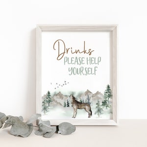 Woodland Drinks, Forest Animals Birthday signs, Wolf birthday decorations, Woodland animals Baby shower printables boy - 47H