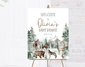 Woodland Baby Shower welcome sign, Instant Download, Woodland Animals Baby Shower Decorations, Wildlife Forest Mountains Baby Shower - 47H