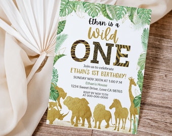 Safari birthday invitation, Gold Wild One birthday invitation, Jungle animals first birthday party invite, Boy 1st birthday theme - 35K