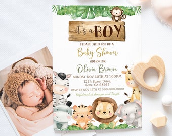 Invitación al baby shower Safari, invitación al baby shower Jungle Animals, descarga instantánea, invitaciones al baby shower It's a Boy, Safari Baby Animals 35E