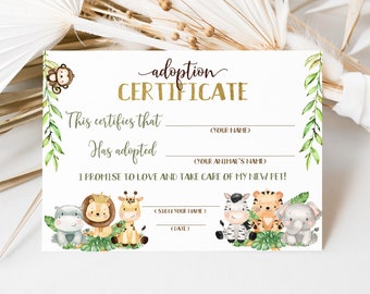 Safari adoption certificate, Adopt an animal, Pet adoption party certificate, Jungle birthday game, Safari party printable - 35E