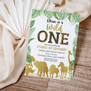 Safari birthday invitation, Gold Wild One birthday invitation, Jungle animals first birthday party invite, Boy 1st birthday theme - 35K