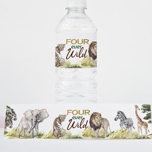 Étiquettes Safari pour bouteilles d'eau, décorations Safari pour le 4e anniversaire, quatre décorations d'anniversaire de garçon toujours sauvages, impressions imprimables de fête dans la jungle - 35I