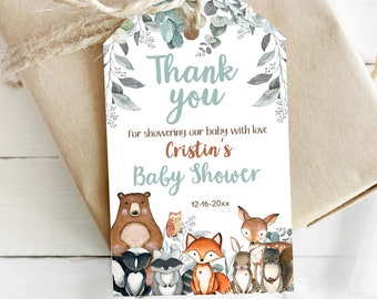 Woodland Baby Shower favor Tags, Editable Woodland Thank you Tags, Baby shower favor tags boy, Forest animals theme printable labels - 47J1