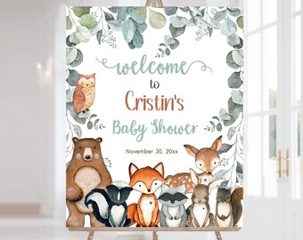 Woodland Baby Shower welcome sign, Woodland Baby Shower Decorations, Wildlife Forest Baby Shower. Woodland Grenery, Watercolor leaves - 47J1