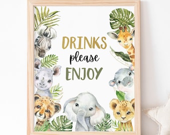 Drinks Please Enjoy Sign, Safari table sign, Safari birthday decorations, Jungle theme, Safari Animals Baby shower printables boy - 35A