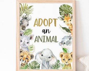 Adopt an Animal Sign, Safari table signs, Safari birthday decorations, Jungle theme, Safari Baby shower, Adoption sign, Jungle sign - 35A