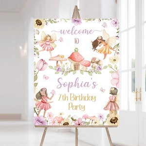 Cartello di benvenuto per la festa di compleanno delle fate, decorazioni floreali per il compleanno delle fate, decorazioni per la festa di compleanno delle ragazze, stampabili per feste in giardino delle fate - 10A
