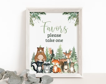 Woodland Favors Sign, Forest Animals Birthday signs, Woodland birthday decorations, Woodland animals Baby shower printables boy - 47J2