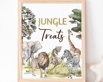 Jungle Treats Sign, Safari table signs, Safari birthday decorations, Jungle theme, Safari Animals Baby shower printables, Jungle Sign - 35I