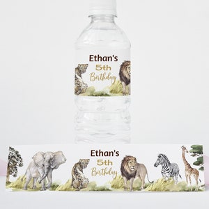 Étiquettes modifiables pour l'eau Safari, étiquettes anniversaire pour bouteille d'eau garçon, étiquettes imprimables pour soirée à thème jungle, décoration de fête animaux de safari - 35i
