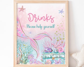 Mermaid drinks sign, Mermaid birthday sign, Mermaid tail table sign, Digital Download, Mermaid party decorations, Girl Baby shower - 20G