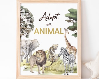 Adopt an Animal Sign, Safari table signs, Safari birthday decorations, Jungle theme, Safari Baby shower, Adoption sign, Jungle sign - 35I