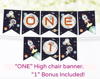Space ONE high chair banner, Astronaut 1st Birthday banner, Outer Space party decor, First trip around the sun birthday decorations - 39C