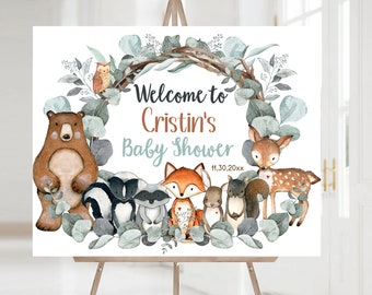 EDITABLE Woodland Baby Shower welcome sign, Woodland Baby Shower Decor, Forest Animals Baby Shower, Greenery Woodland Baby Shower - 47J1