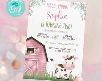 Cow girl birthday invitation, Farm birthday invitation for girl, Pink Barnyard party printables, Instant download, EDITABLE invite - 11A