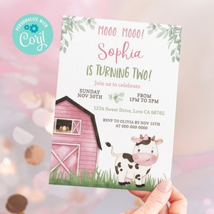 Cow girl birthday invitation, Farm birthday invitation for girl, Pink Barnyard party printables, Instant download, EDITABLE invite - 11A