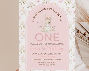 Some Bunny Birthday Invitation, Some Bunny One invite, Girl  First Birthday Invite, Pink Floral Birthday Invitation, Floral Bunny Invite 62B