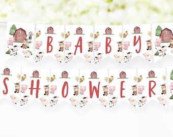 Banner de baby shower de granja, baby shower de animales de granja para niño, decoraciones para baby shower de niño, imprimibles de baby shower de granero - 11i