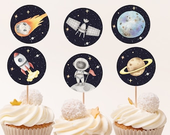 Space cupcake toppers, Outer Space birthday party decorations, Galaxy Table decorations, Astronaut birthday decor - 39C