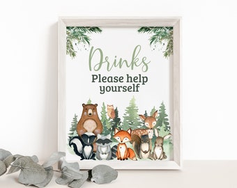 Woodland Drinks table Sign, Forest Animals Birthday signs, Forest birthday decorations, Woodland animals Baby shower printables boy - 47J2