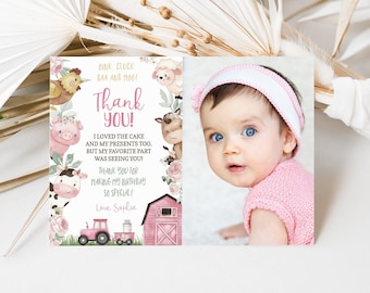 Girl Farm Photo Thank You Card, Editable Pink Farm Thank You Note, Floral Farm animals birthday printable, Girl barnyard party card - 11A