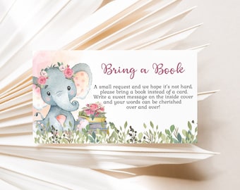 Bring a book instead of a card, Books for baby request, Elephant girl Baby shower invitation insert, Book request card Printable - 63A2