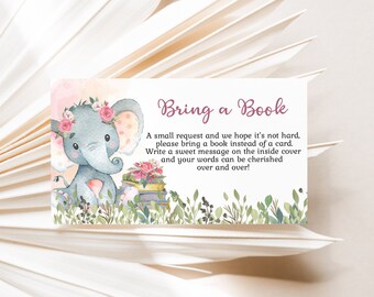Bring a book instead of a card, Books for baby request, Elephant girl Baby shower invitation insert, Book request card Printable - 63A2