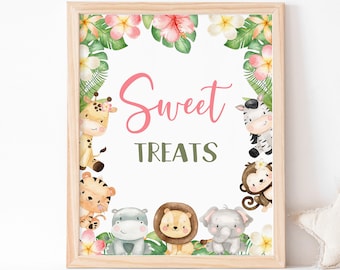 Sweets Treats Sign, Girl Safari table signs, Safari birthday decorations, Jungle theme, Safari Animals Baby shower printables girl - 35E