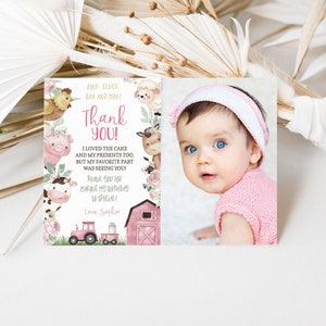 Cartão de agradecimento com foto de fazenda de menina, nota de agradecimento de fazenda rosa editável, aniversário de animais de fazenda floral para impressão, cartão de festa de curral de menina - 11A