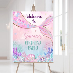 Mermaid Welcome Sign, Instant download, Mermaid birthday decorations, Girl birthday party decor, Pink Mermaid tail party printables - 20G