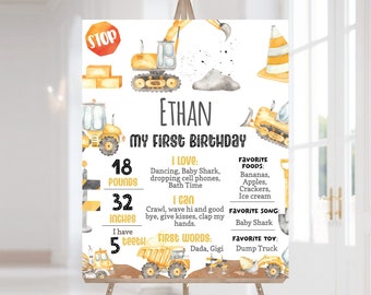 Construction Milestone Poster, 1 year milestone board, Construction 1st birthday decorations, Dump Truck first birthday milestone sign - 07A
