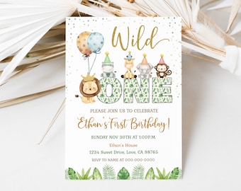 Wild one birthday invitation, Safari 1st birthday invitation, Editable Jungle party invite, instant download, Boy first birthday theme - 35E