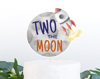 Two the moon cake topper, Space 2nd birthday Topper, Space Centerpiece, Astronaut party table decor, Space second birthday decorations - 39C