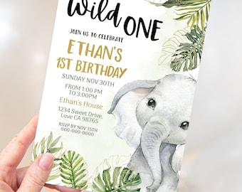 Wild One Safari invitation, Elephant birthday boy invitation, Jungle birthday party invitation, EDITABLE Safari first birthday invite - 35A