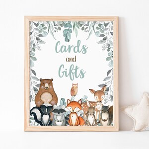 Greenery Woodland Cards and Gifts Sign, Eucalyptus Woodland birthday decorations, Forest Animals Baby shower printables boy - 47J1