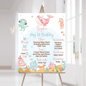 Girl Under the Sea Milestone Poster, 1 year milestone board, Ocean 1st birthday decorations, Girl Sea Animals first birthday decor - 44A