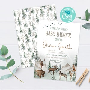 Woodland baby shower invitation, Forest animals baby shower invite, Instant download, Rustic wildlife mountains baby shower invites - 47H