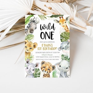 Wild One Safari invitation, Wild One birthday boy invitation, Jungle birthday party invitation, EDITABLE Safari first birthday invite - 35A
