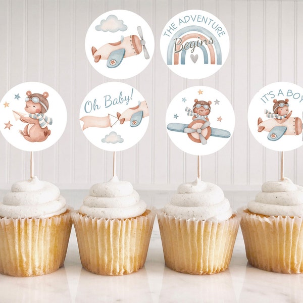 Aviator cupcake toppers, Airplane baby shower decorations, Its a boy cupcake toppers, Bear Baby Shower Printables, The adventure begins  76C