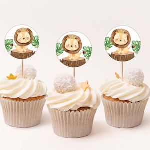 Lion cupcake toppers, Jungle birthday decorations, Safari baby shower decor, Lion party decorations, boy party printables, Little King - 35E