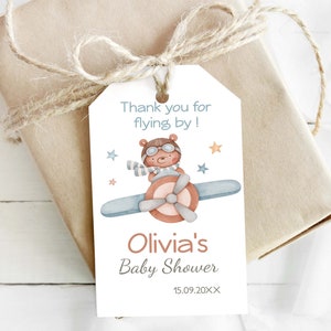 EDITABLE Airplane Thank you Tags, Baby shower favor tags, Bear theme printable labels, Bear thank you baby shower, Aviator baby shower - 76C