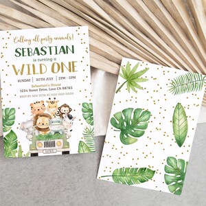 Safari birthday invitation, Wild One birthday invitation, Jungle animals first birthday party invite, Boy 1st birthday theme - 35E