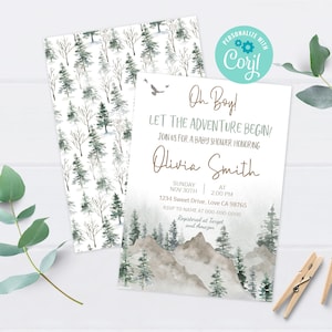 Que l&#39;aventure commence, invitation de baby shower, invitation de baby shower de montagnes, garçon d&#39;invitation de pins forestiers rustiques Téléchargement instantané - 47 h