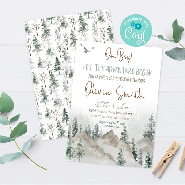 Let the adventure begin baby shower invitation, Mountains baby shower invite, Rustic Forest Pine trees invitation boy Instant download - 47H