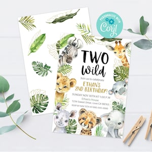 Two Wild Safari invitation, Safari animals 2nd birthday boy invitation, Jungle birthday party, EDITABLE Safari second birthday invite - 35A